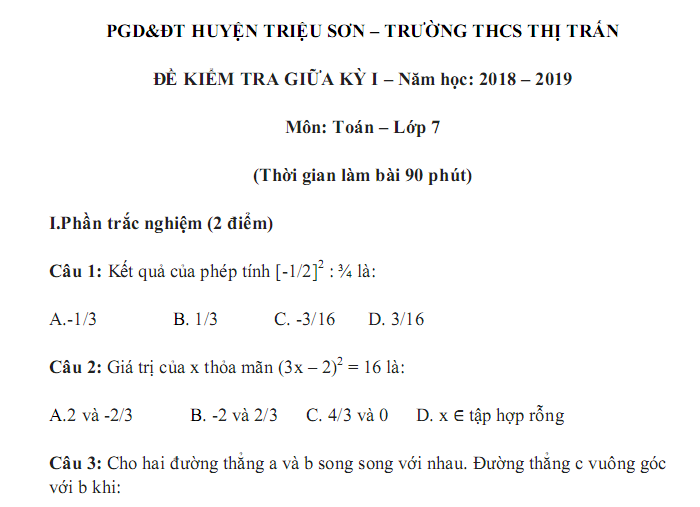 Đề thi giữa kì 1 lớp 7 môn Toán - Triệu Sơn năm học 2018 - 2019