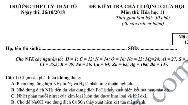 Đề thi giữa học kì 1 lớp 11 môn Hóa - THPT Lý Thái Tổ năm 2018