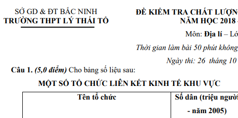 Đề thi giữa học kì 1 lớp 11 môn Địa - THPT Lý Thái Tổ năm 2018