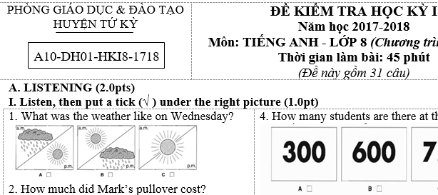 Đề thi học kỳ 1 lớp 8 môn Anh - Phòng GD Huyện Tứ Kỳ năm học 2017 - 2018