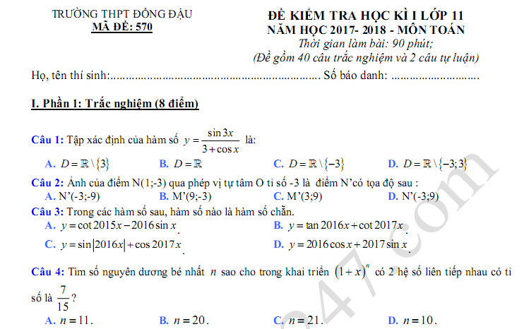 Đề thi kì 1 lớp 11 môn Toán - THPT Đồng Đậu năm 2018