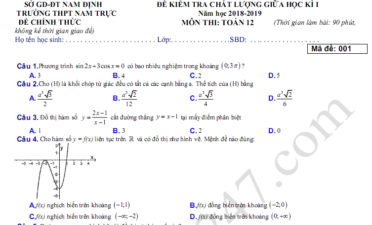 Đề thi giữa kì 1 lớp 12 môn Toán 2018 - 2019 THPT Nam Trực