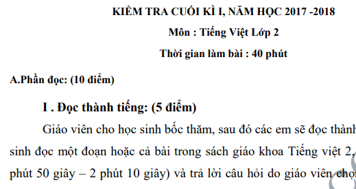 Đề thi học kì 1 lớp 2 môn Tiếng Việt năm 2018 - Tiểu học Khánh Yên Trung 