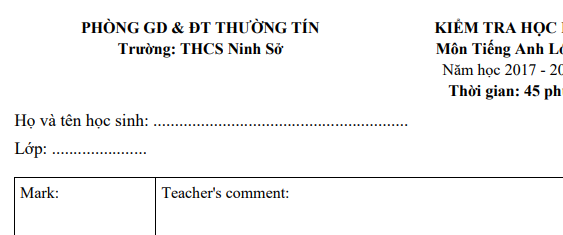 Đề thi học kì 1 lớp 6 môn Anh năm 2018 - THCS Ninh Sở 