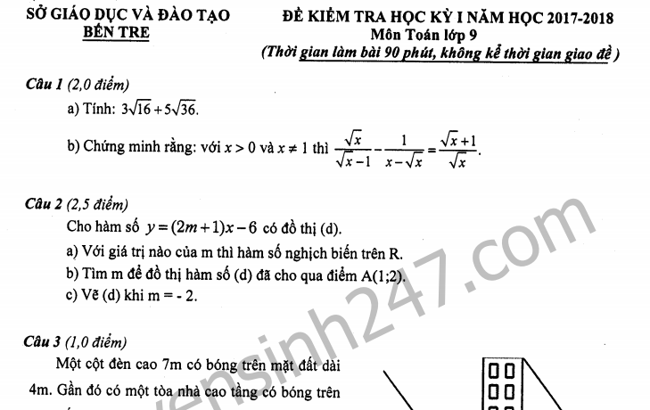 Đề thi kì 1 lớp 9 môn Toán - Sở GD Bến Tre năm 2018