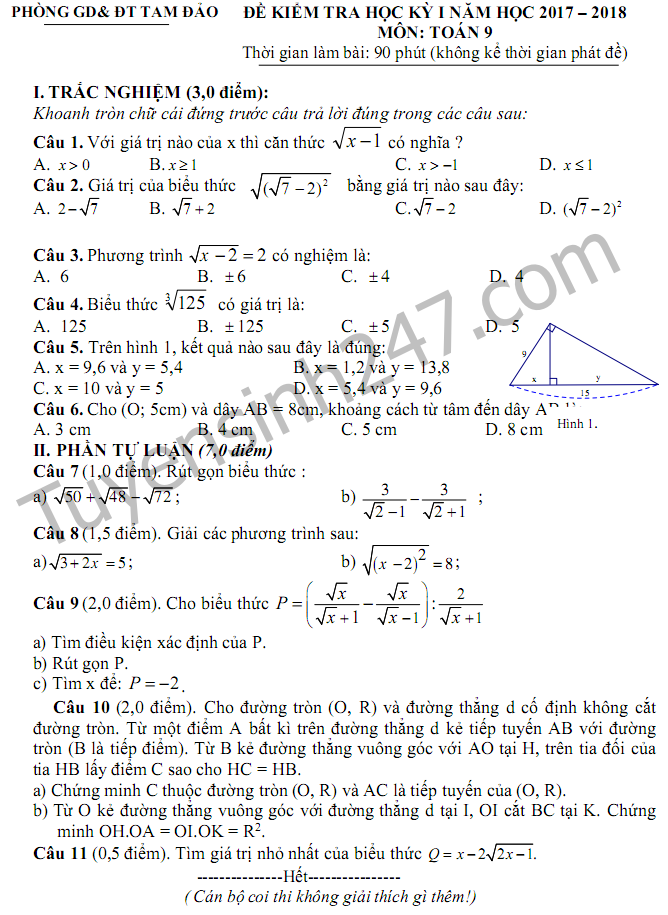 Đề thi kì 1 lớp 9 môn Toán - Phòng GD Tam Đảo năm 2018