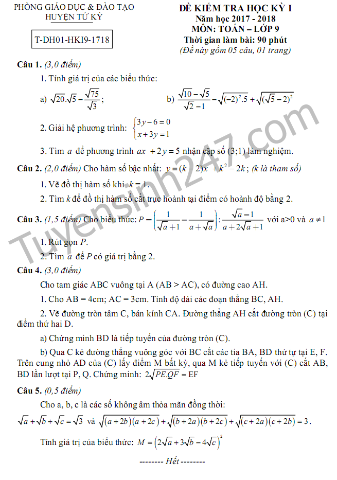Đề kiểm tra kì 1 lớp 9 môn Toán -  Phòng GD Tứ Kỳ 2018