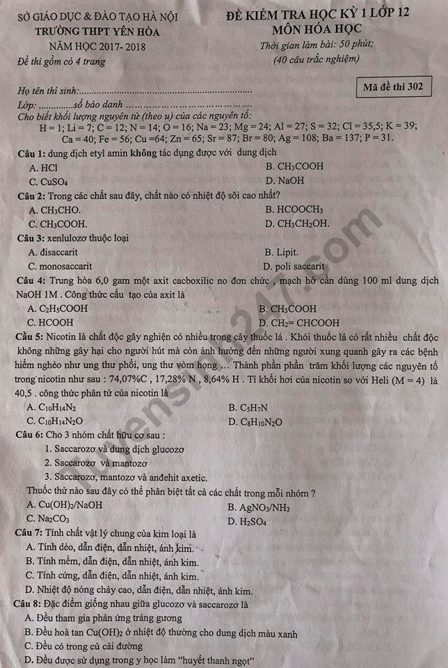 Đề thi kì 1 lớp 12 môn Hóa - THPT Yên Hòa năm 2018