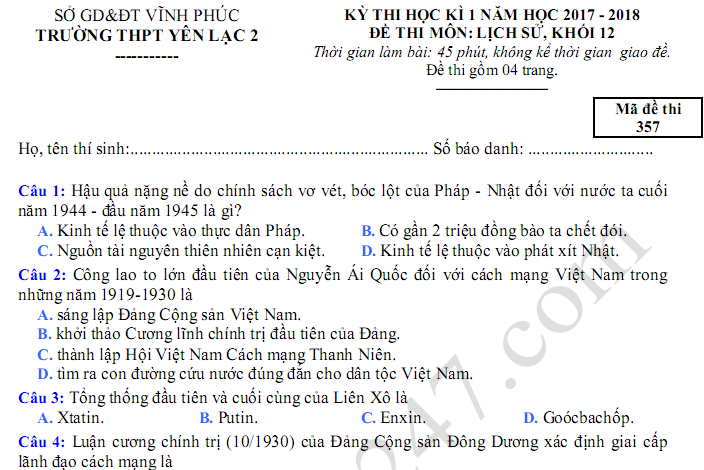 Đề thi học kì 1 môn Sử lớp 12 năm 2018 - THPT Yên Lạc 2 