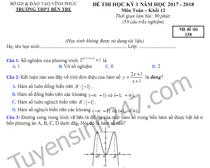 Đề thi học kì 1 lớp 12 môn Toán năm 2018 - THPT Bến Tre 