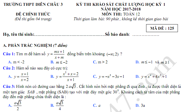 Đề thi kì 1 lớp 12 môn Toán - THPT Diễn Châu 3 năm 2018