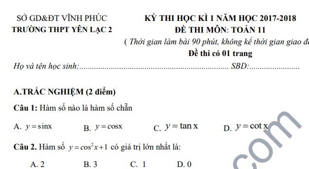 Đề thi học kì 1 lớp 11 môn Toán năm 2018 - THPT Yên Lạc 2 