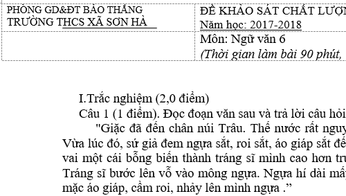 Đề thi học kì 1 lớp 6 môn Văn năm 2018 - THCS xã Sơn Hà 