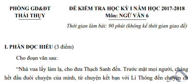 Đề thi học kỳ 1 lớp 6 môn Văn năm 2018 - THCS Thái Thụy 