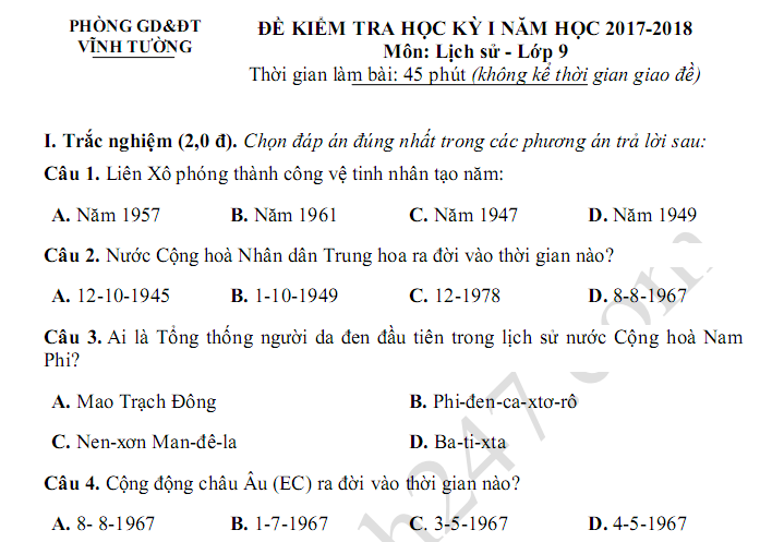 Đề thi kì 1 lớp 9 môn Sử của Phòng GD Vĩnh Tường năm 2018