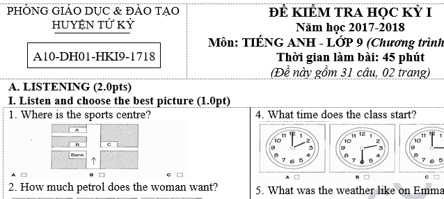 Đề thi học kỳ 1 lớp 9 môn Anh năm 2018 - Phòng GD&ĐT Tứ Kỳ 