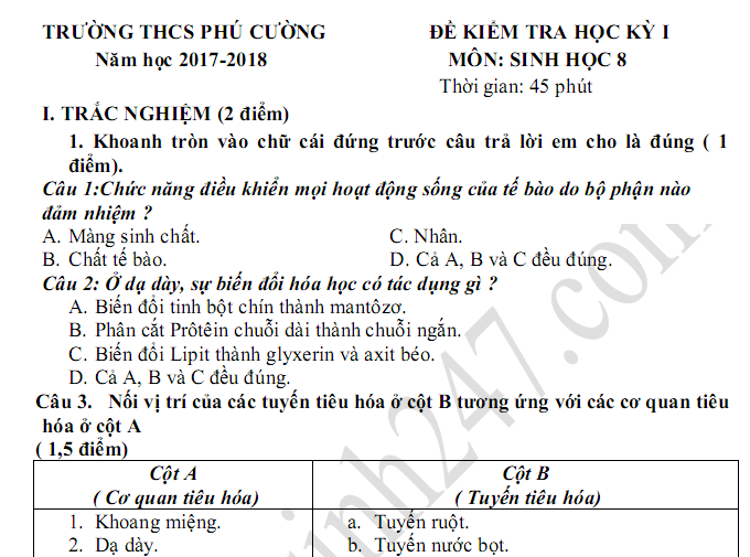 Đề kiểm tra học kì 1 lớp 8 môn Sinh - THCS Phú Cường năm 2018