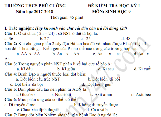 Đề thi kì 1 lớp 9 môn Sinh - THCS Phú Cường năm 2018