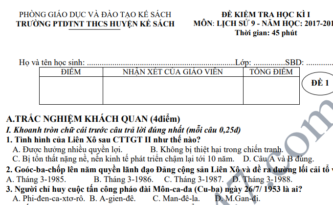 Đề thi học kỳ 1 lớp 9 môn Sử năm 2018 - PTDTNT THCS H. Kế Sách 