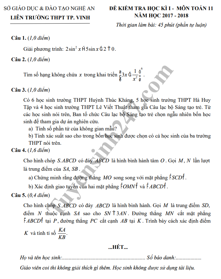 Đề thi học kỳ 1 lớp 11 môn Toán năm 2018 - Liên Trường THPT TP. Vinh