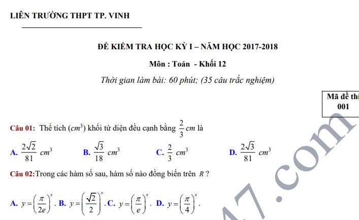 Đề thi học kỳ 1 lớp 12 môn Toán năm 2018 - Liên Trường THPT TP. Vinh