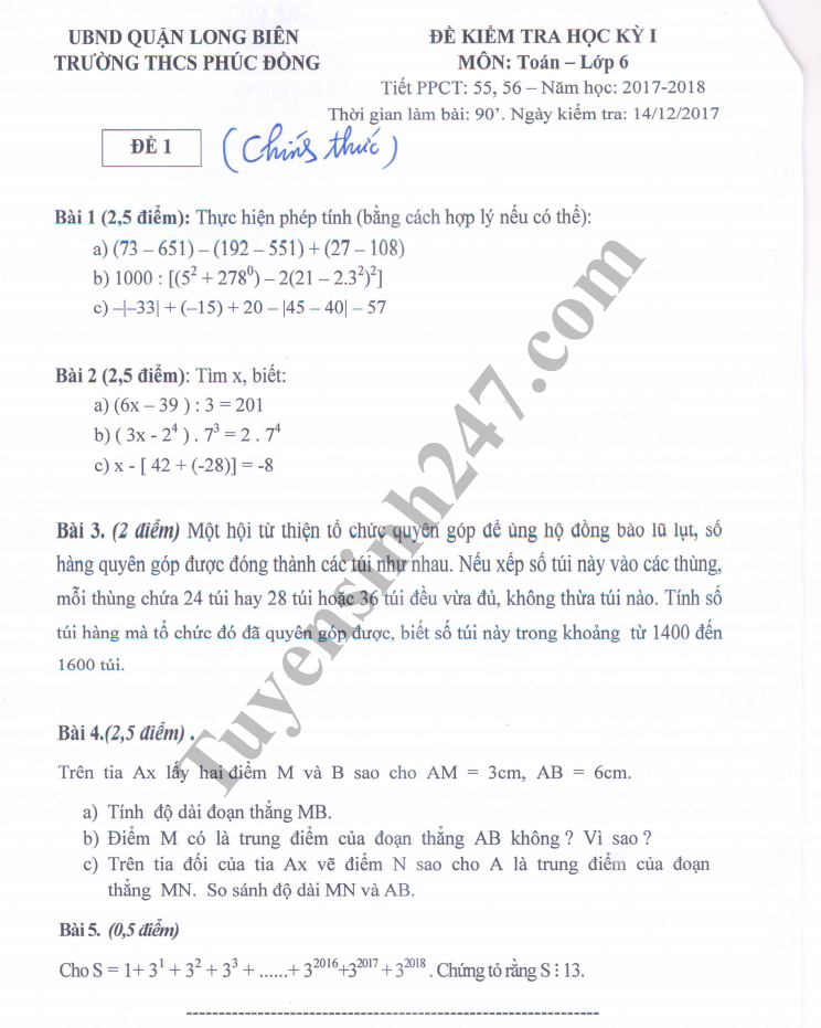 Đề thi học kì 1 lớp 6 môn Toán năm 2018 - THCS Phúc Đông