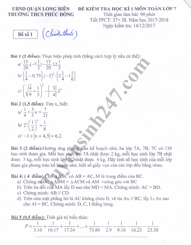 Đề thi học kỳ 1 lớp 7 môn Toán năm 2018 - THCS Phúc Đông