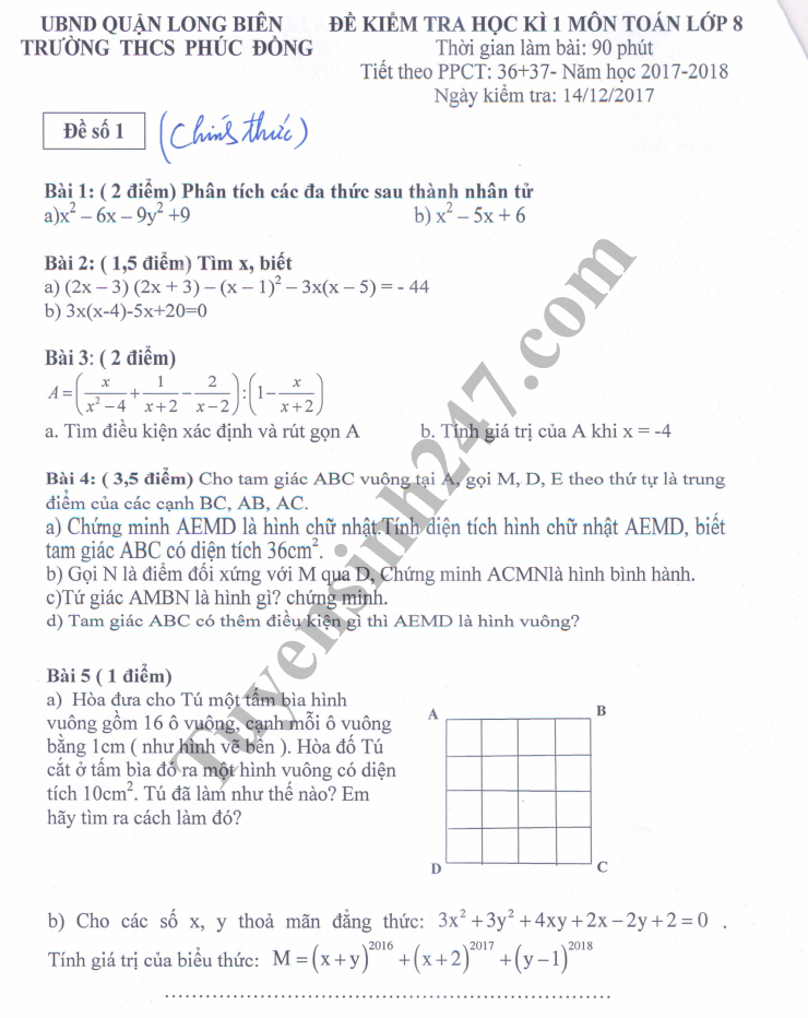 Đề thi học kỳ 1 lớp 8 môn Toán năm 2018 - THCS Phúc Đông 