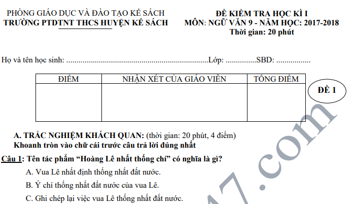 Đề thi học kỳ 1 lớp 9 môn Văn năm 2018 - PTDTNT THCS H. Kế Sách 