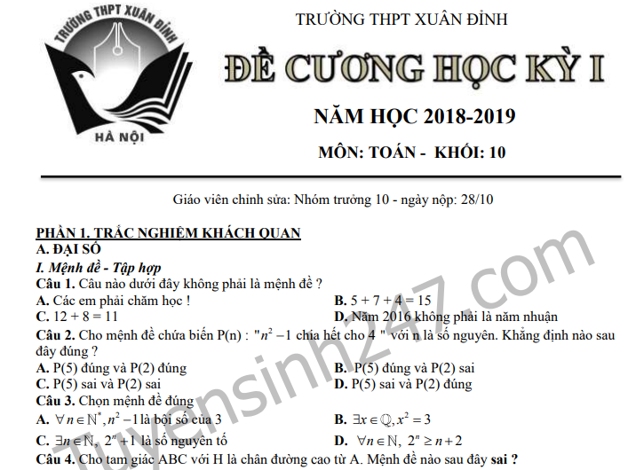 Đề cương ôn tập học kì 1 lớp 10 môn Toán - THPT Xuân Đỉnh năm 2018