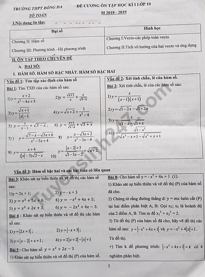 Đề cương ôn tập học kì 1 lớp 10 môn Toán - THPT Đống Đa năm 2018