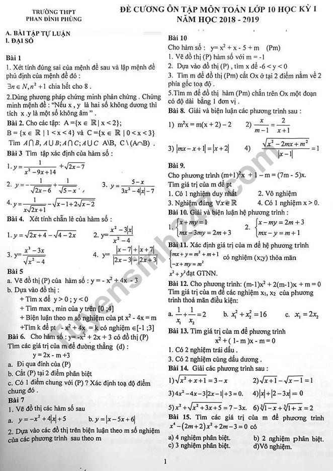 Đề cương ôn tập kì 1 lớp 10 môn Toán 2018 - THPT Phan Đình Phùng 