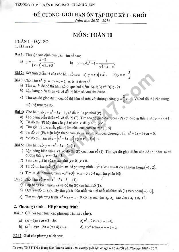 Đề cương ôn tập kì 1 lớp 10 môn Toán năm 2018 - THPT Trần Hưng Đạo 