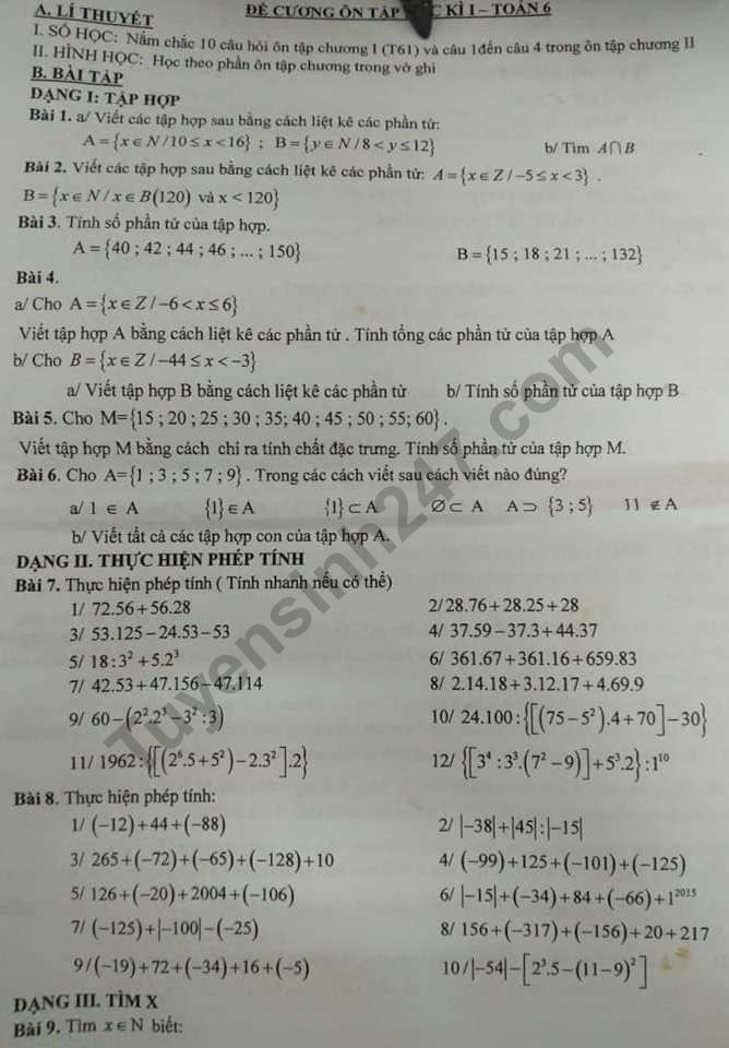 Đề cương ôn tập học kì 1 lớp 6 môn Toán năm 2018