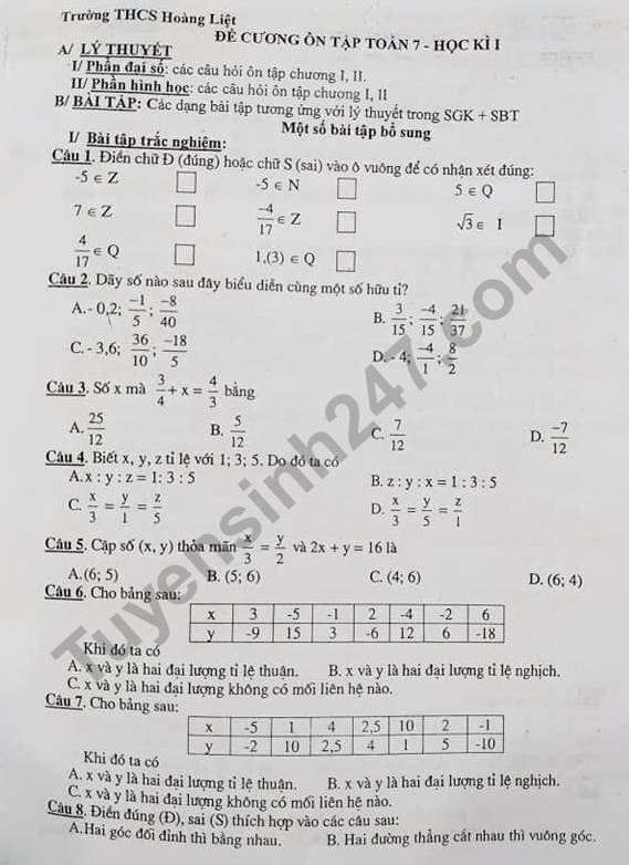 Đề cương ôn tập kì 1 lớp 7 môn Toán năm 2018 - THCS Hoàng Liệt