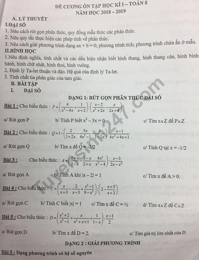 Đề cương ôn tập kì 1 lớp 8 môn Toán - THCS Đào Duy Từ năm 2018