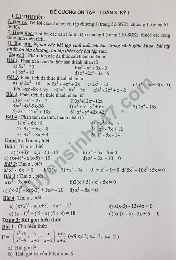 Đề cương ôn tập kì 1 lớp 8 môn Toán - THCS Kim Giang năm 2018