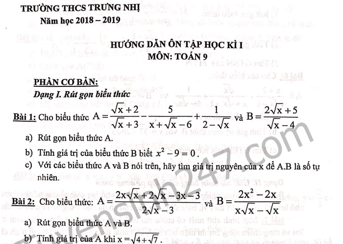 Đề cương ôn tập kì 1 lớp 9 môn Toán - THCS Trưng Nhị năm 2018