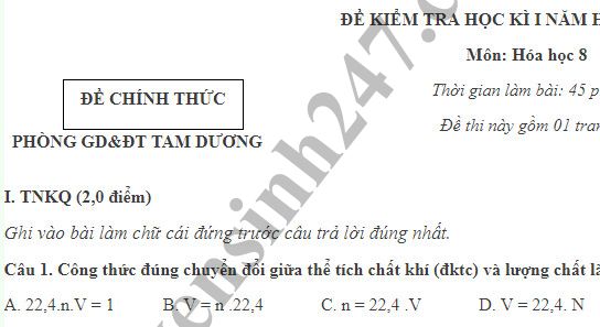 Đề thi học kỳ 1 lớp 8 môn Hóa năm 2018 - Phòng GD Tam Dương 