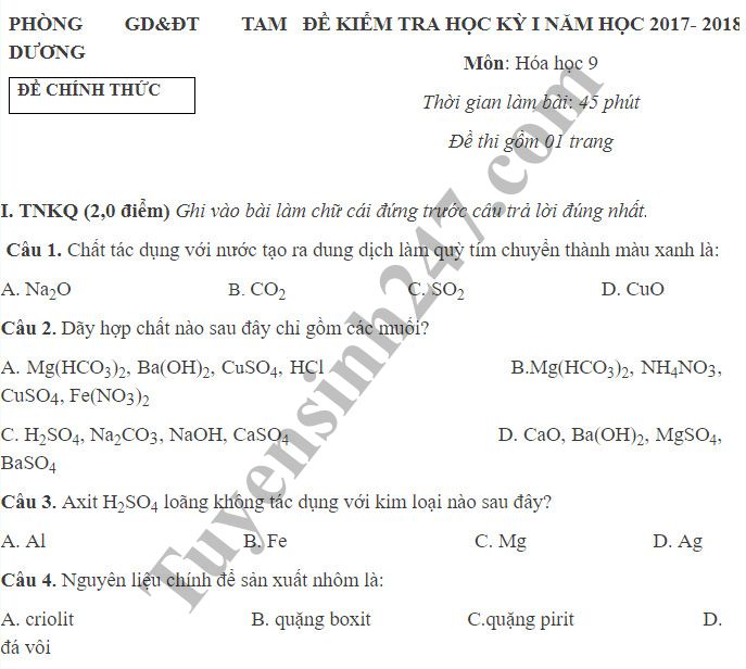 Đề kiểm tra học kỳ 1 lớp 9 môn Hóa năm 2018 - Phòng GD Tam Dương 