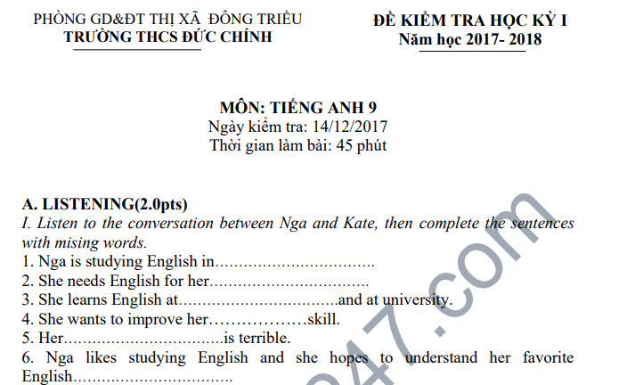 Đề thi học kỳ 1 lớp 9 môn Anh năm 2018 - THCS Đức Chính 