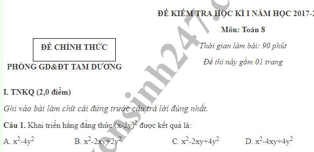 Đề thi học kỳ 1 lớp 8 môn Toán năm 2018 - Phòng GD Tam Dương