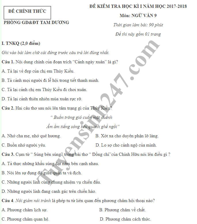Đề kiểm tra học kì 1 lớp 9 môn Văn năm 2018 - Phòng GD Tam Dương 