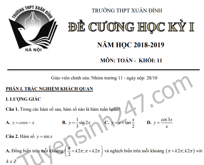 Đề cương ôn tập kì 1 lớp 11 môn Toán - THPT Xuân Đỉnh năm 2018