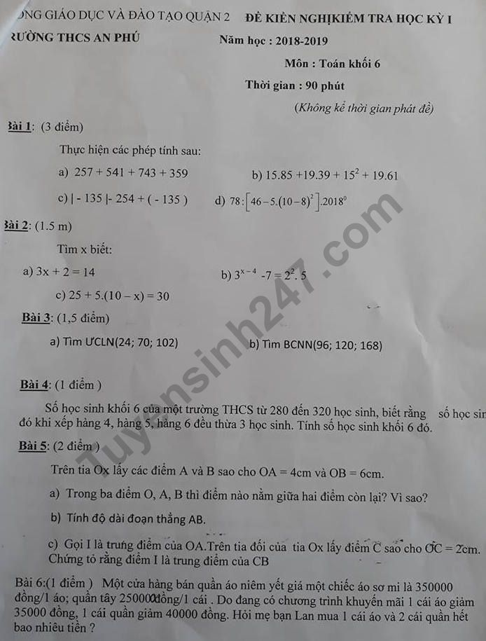 Đề thi kì 1 lớp 6 môn Toán - THCS An Phú năm 2018 (Tham khảo)