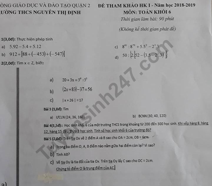 Đề thi kì 1 lớp 6 môn Toán THCS Nguyễn Thị Định năm học 2018 - 2019