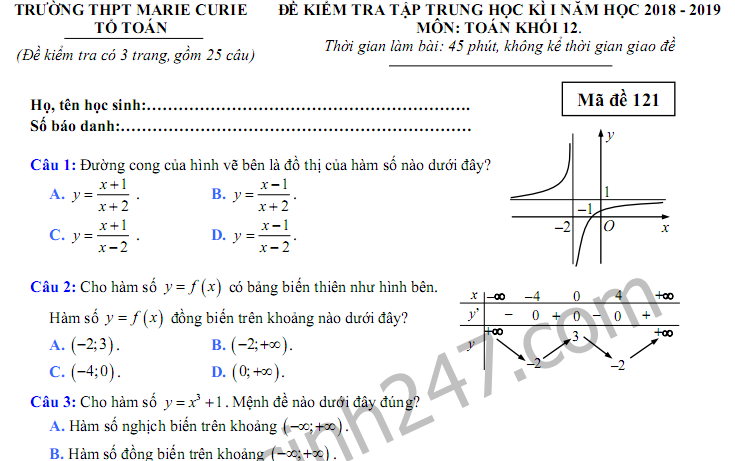 Đề thi giữa kì 1 lớp 12 môn Toán - THPT Marie Curie năm 2018