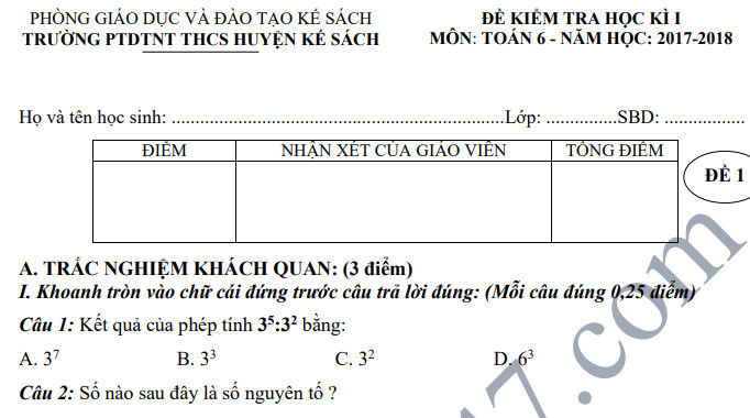 Đề thi học kỳ 1 lớp 6 môn Toán - PTDTNT THCS H. Kế Sách năm 2018