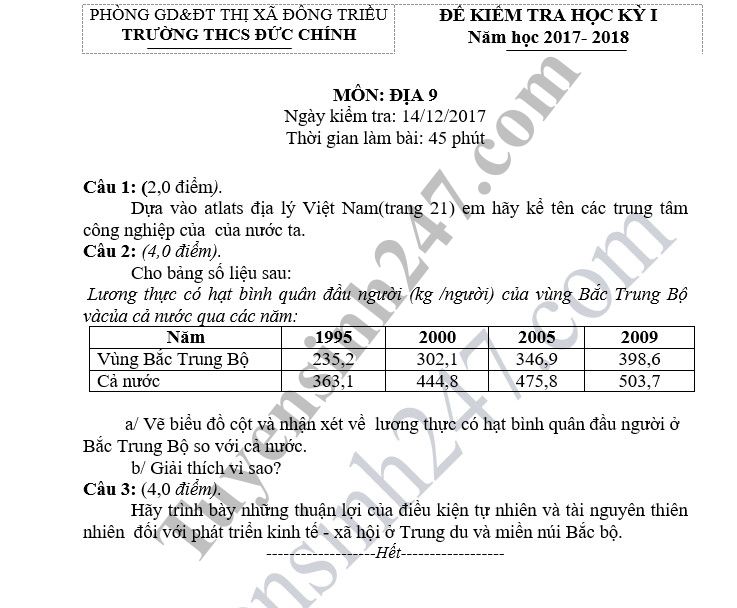 Đề thi học kỳ 1 lớp 9 môn Địa năm 2018 - THCS Đức Chính