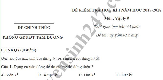 Đề thi học kỳ 1 lớp 9 môn Lý năm 2018 - Phòng GD Tam Dương 